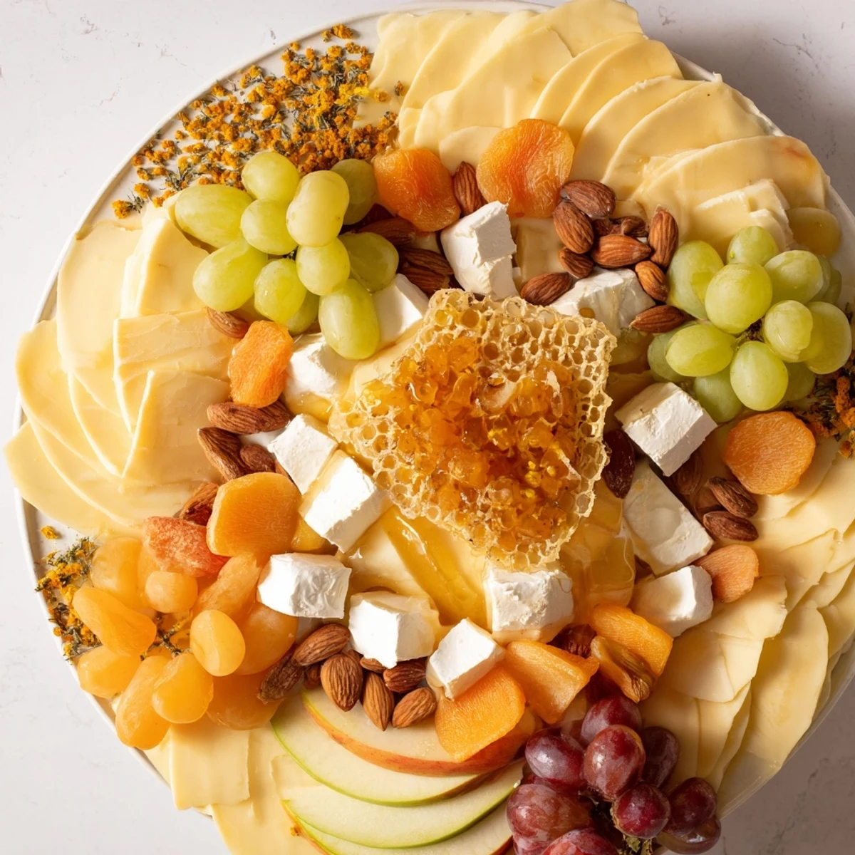 This Busy Bee Honeycomb Snack Plate displays creamy goat cheese with grapes and apples, ready to enjoy.