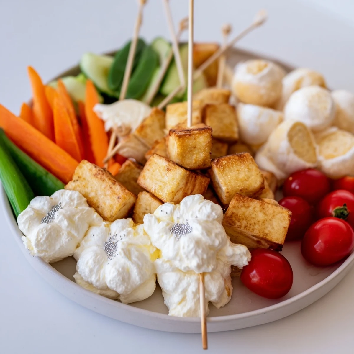 Appetizing Fluffy Clouds Lamb Baby Shower Board, featuring tender lamb bites and creamy cheese clouds.