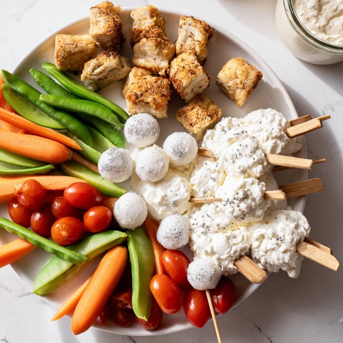 A beautifully arranged Fluffy Clouds Lamb Baby Shower Board with colorful fruits, veggies, and savory lamb cubes.
