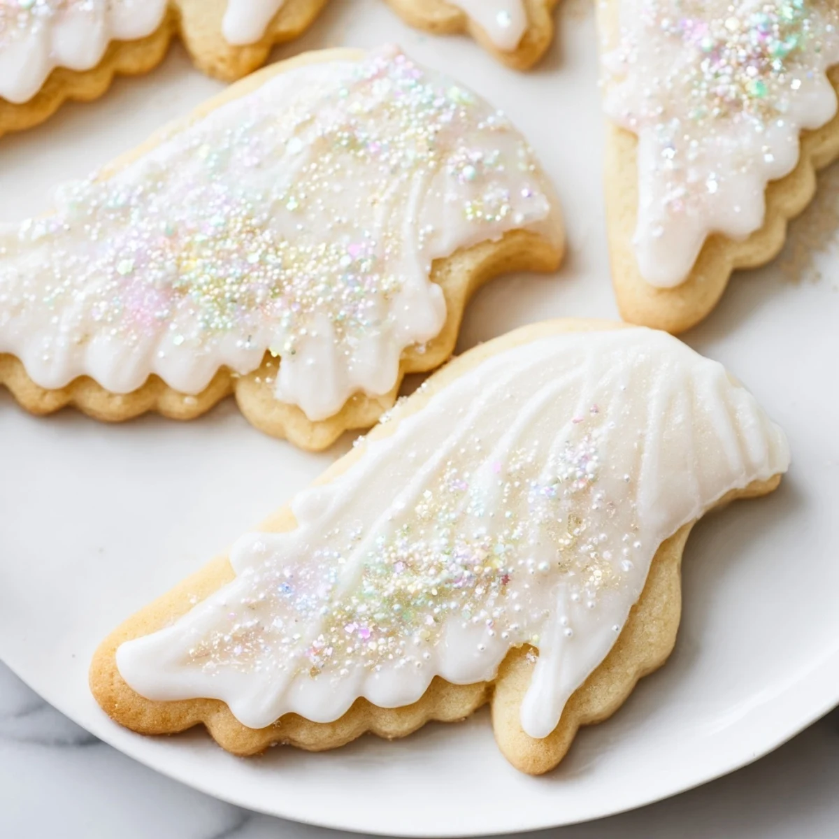 A plate of glistening Angel Wings Sugar Cookies, decorated with sprinkles and ready to eat.