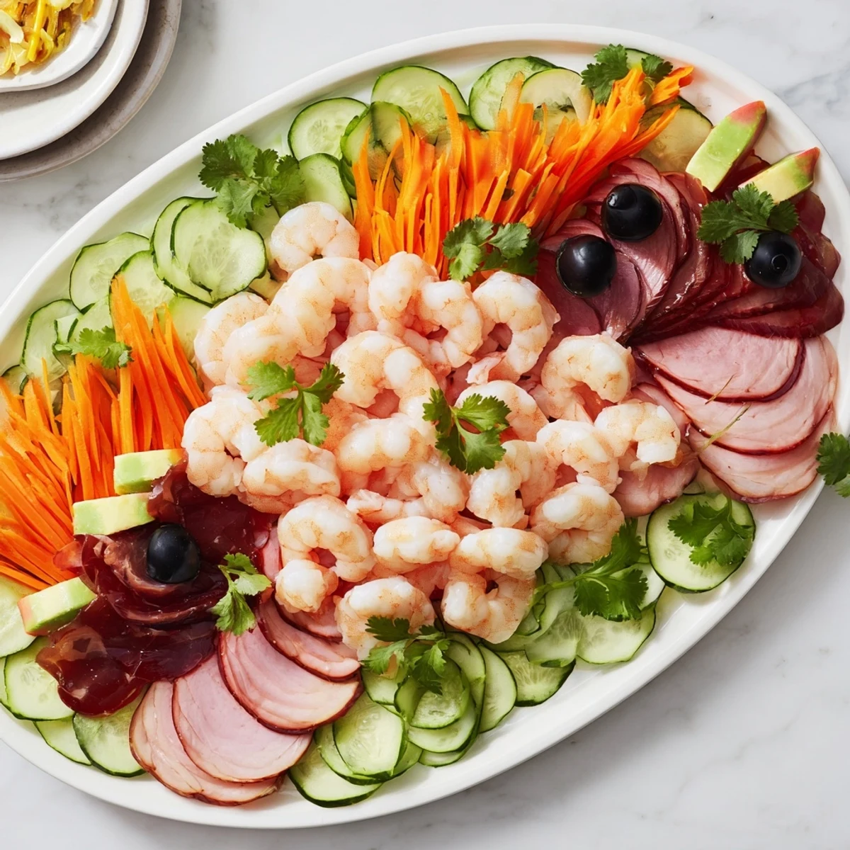 Vibrant Lunar New Year Dragon Platter with colorful veggies and shrimp, ready to be enjoyed.
