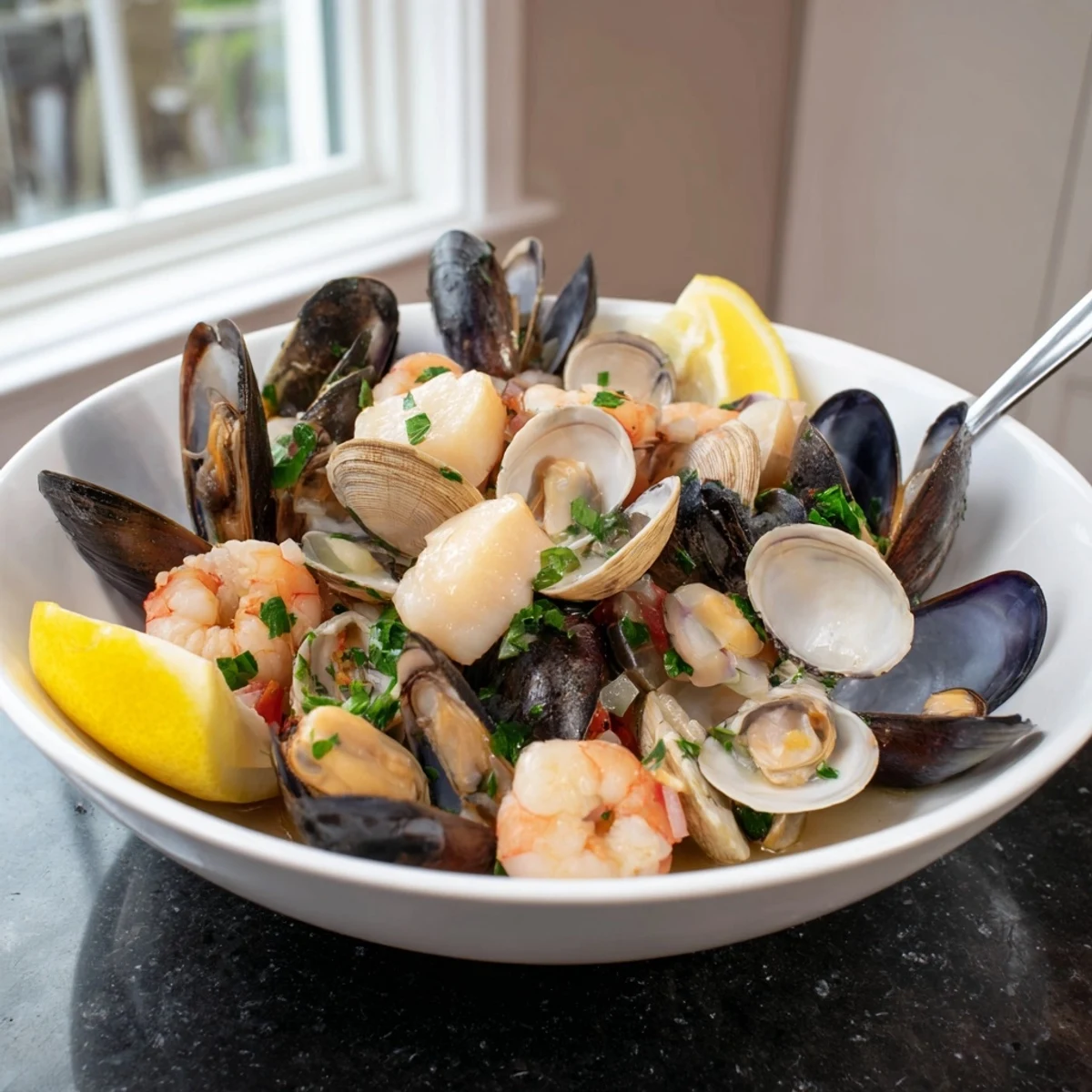 Fresh Shellfish & Seafood Medley with herbs, a stunning and flavorful French seafood dish served.