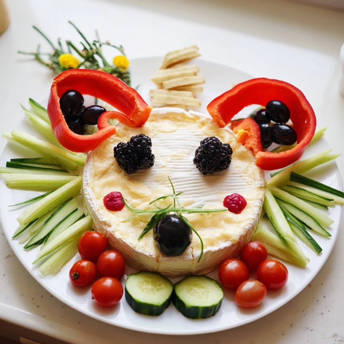 This vibrant Coccinelle Amusante Planche Pique-Nique boasts a cheese body; olives and chives create a ladybug face.