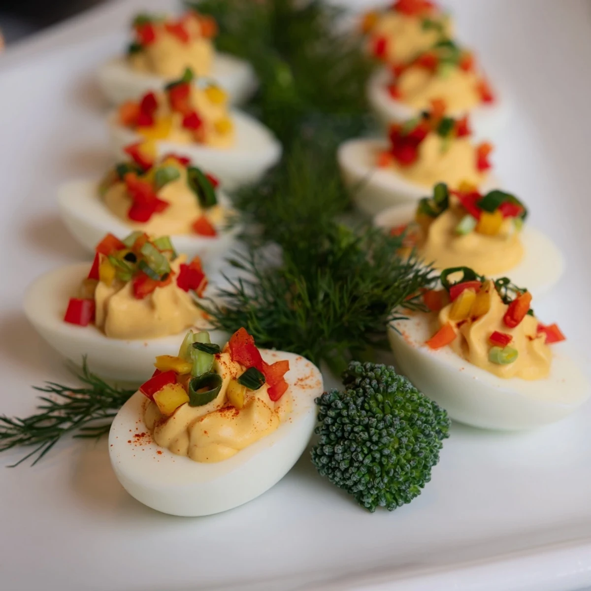 Creamy, spiced Christmas Tree Deviled Eggs, complete with bell pepper ornaments and a broccoli trunk.