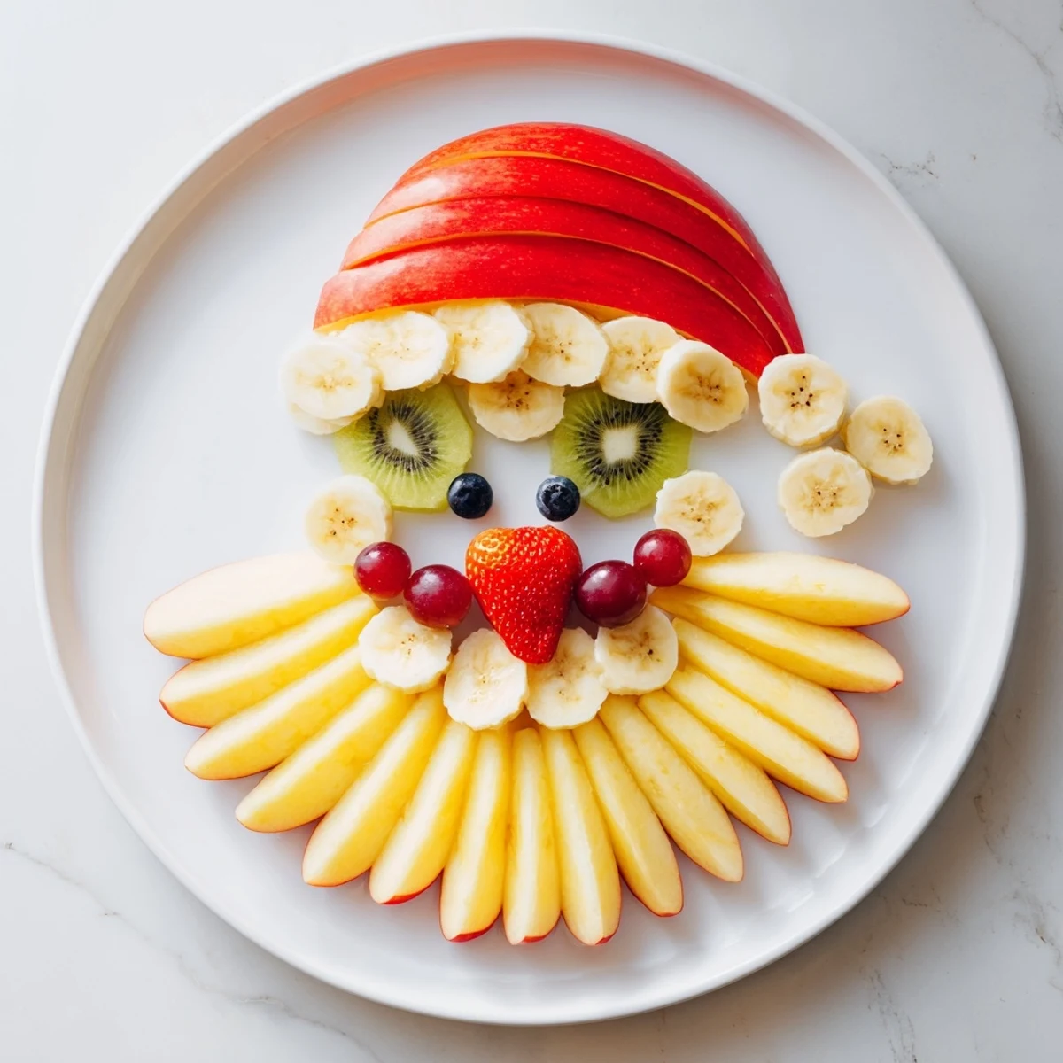 Vibrant Santa Fruit Platter, showcasing festive details like a pineapple beard and berry smile.