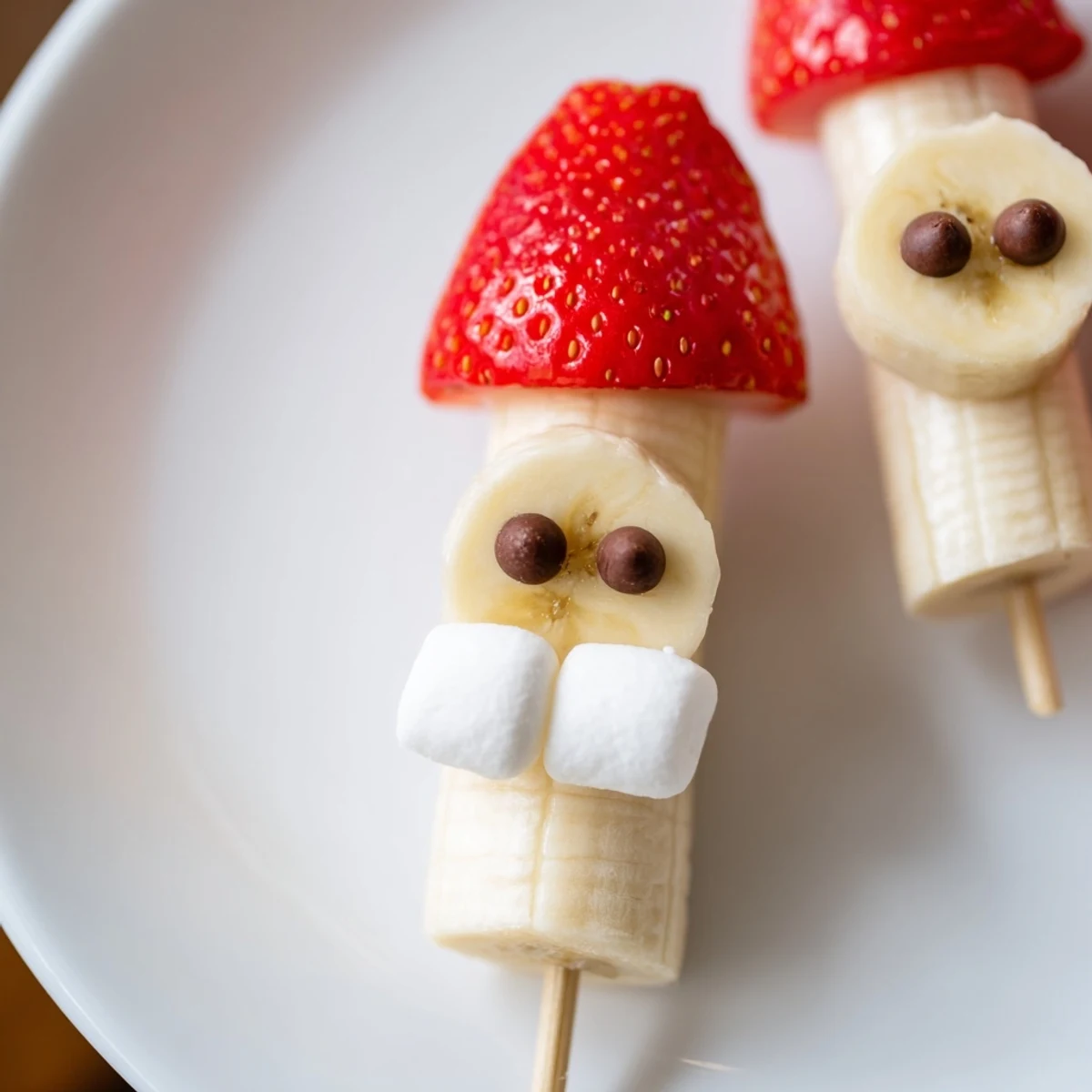 Sweet and vibrant Banana Strawberry Santa Skewers, a delightful image of fun fruit treats with chocolate eyes.