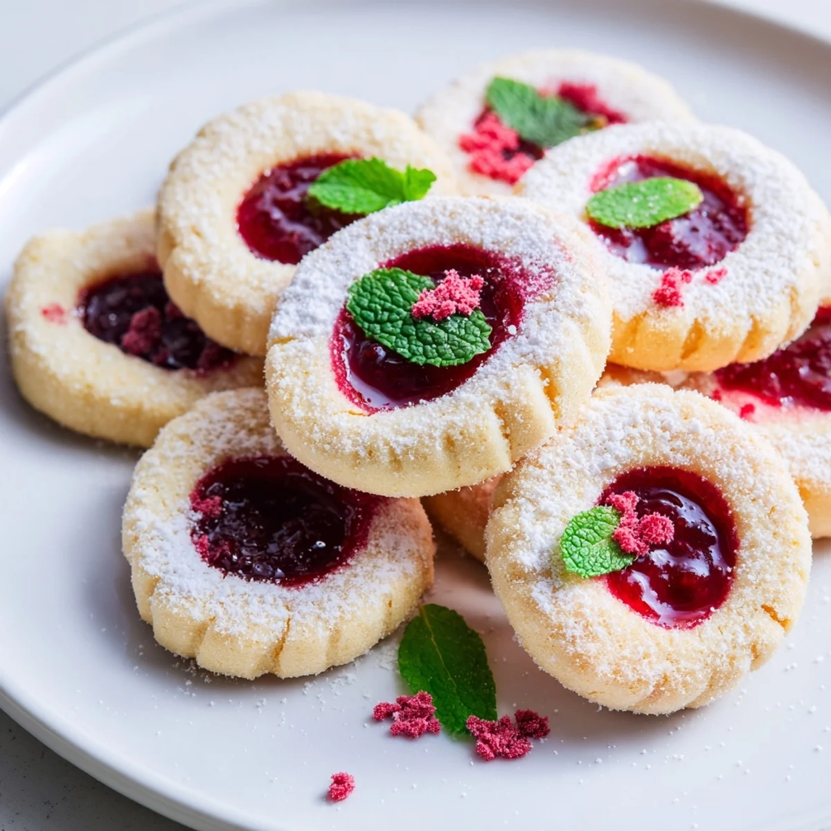 Festive raspberry wreath cookies, a beautiful holiday dessert platter dusted with powdered sugar.