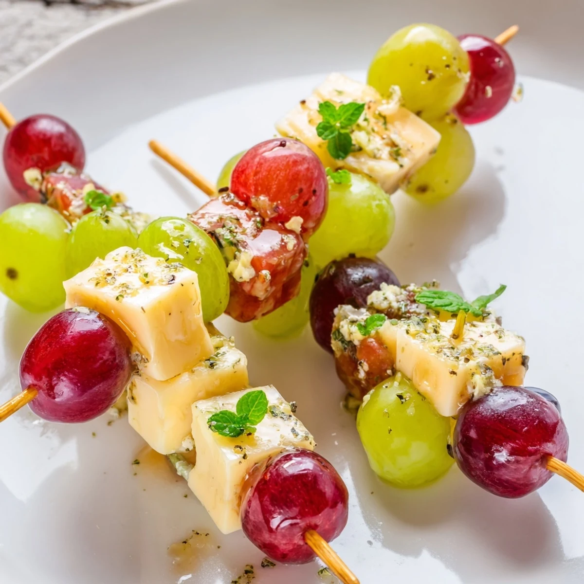 Festive, colorful Sparkling Grape and Cheese Skewers arranged on a platter ready for your next party.