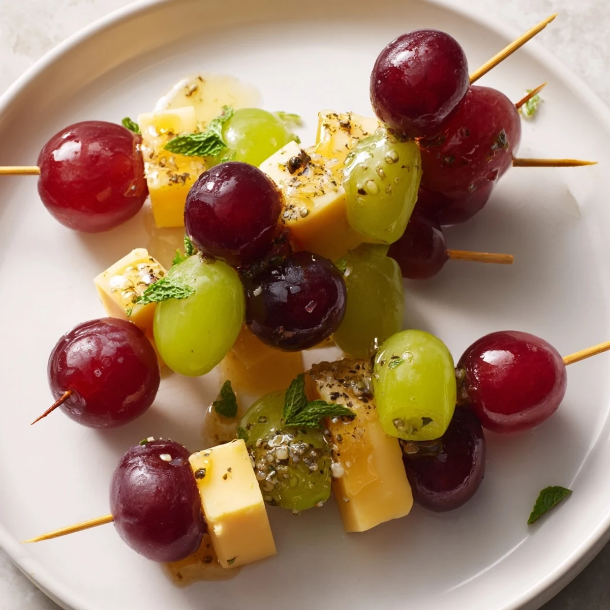 Close-up of Sparkling Grape and Cheese Skewers, a delicious blend of fruit, cheese, and bubbly flavor.