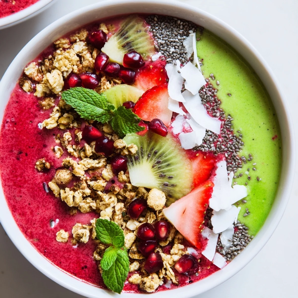 Festive Red and Green Smoothie Bowls, layered with vibrant red and green smoothies, look so colorful.