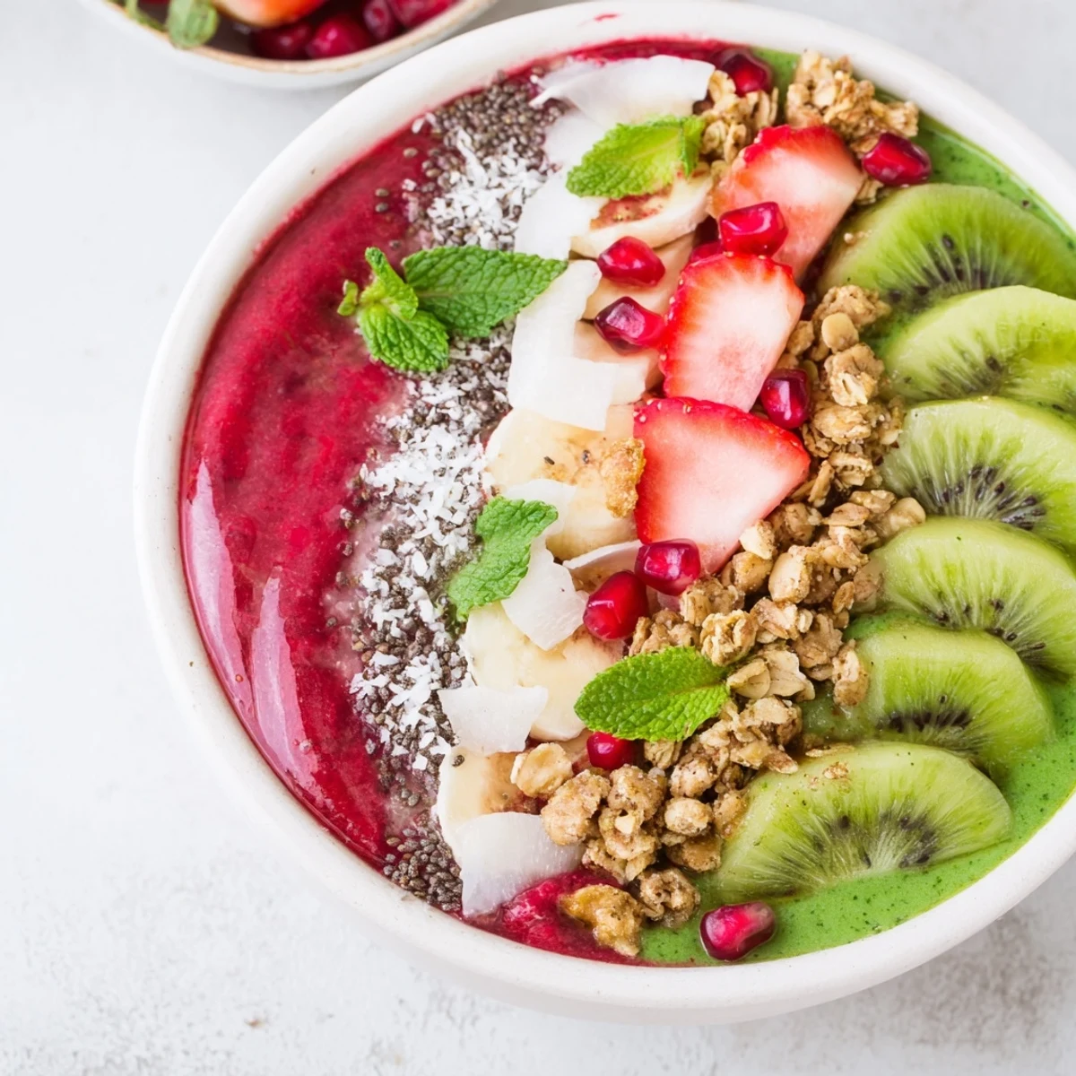 Fresh Festive Red and Green Smoothie Bowls feature creamy layers and colorful toppings perfect for brunch.