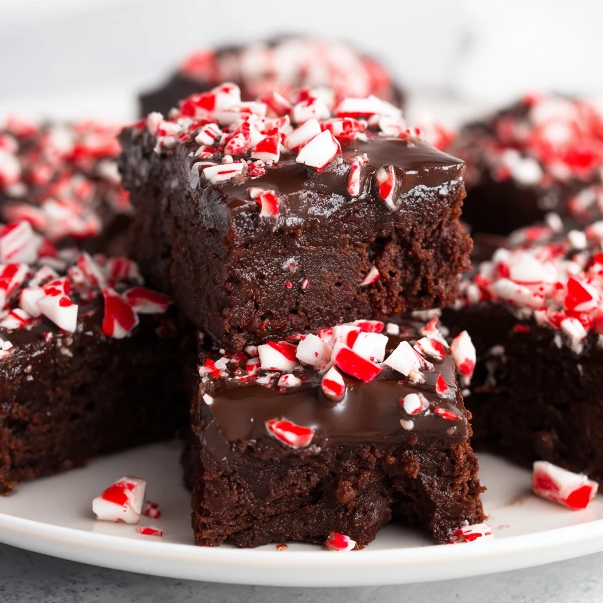 Freshly baked Peppermint Mocha Brownie Bites, showing a close-up of the glistening chocolate glaze and crushed candy.