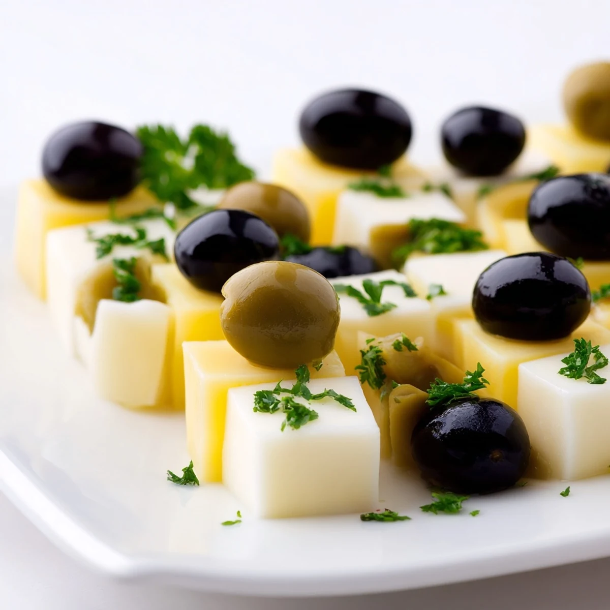 Elegant Cheese and Olive Chess Board appetizer, beautifully arranged with contrasting colors, ready to serve.