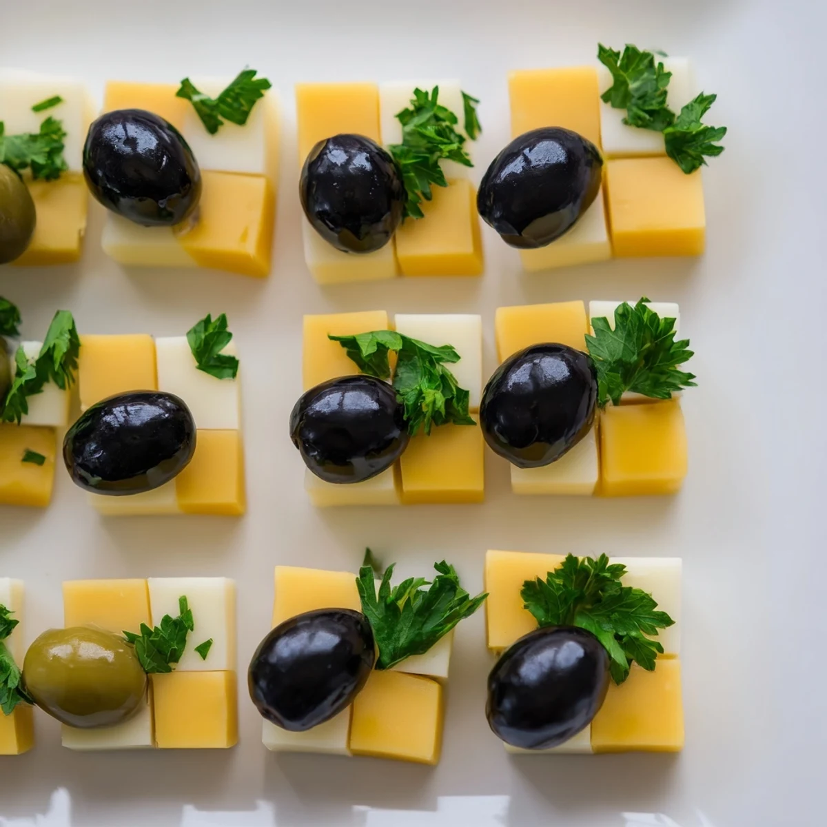 Visual appeal of the Cheese and Olive Chess Board: an eye-catching party appetizer of cheese and olives.