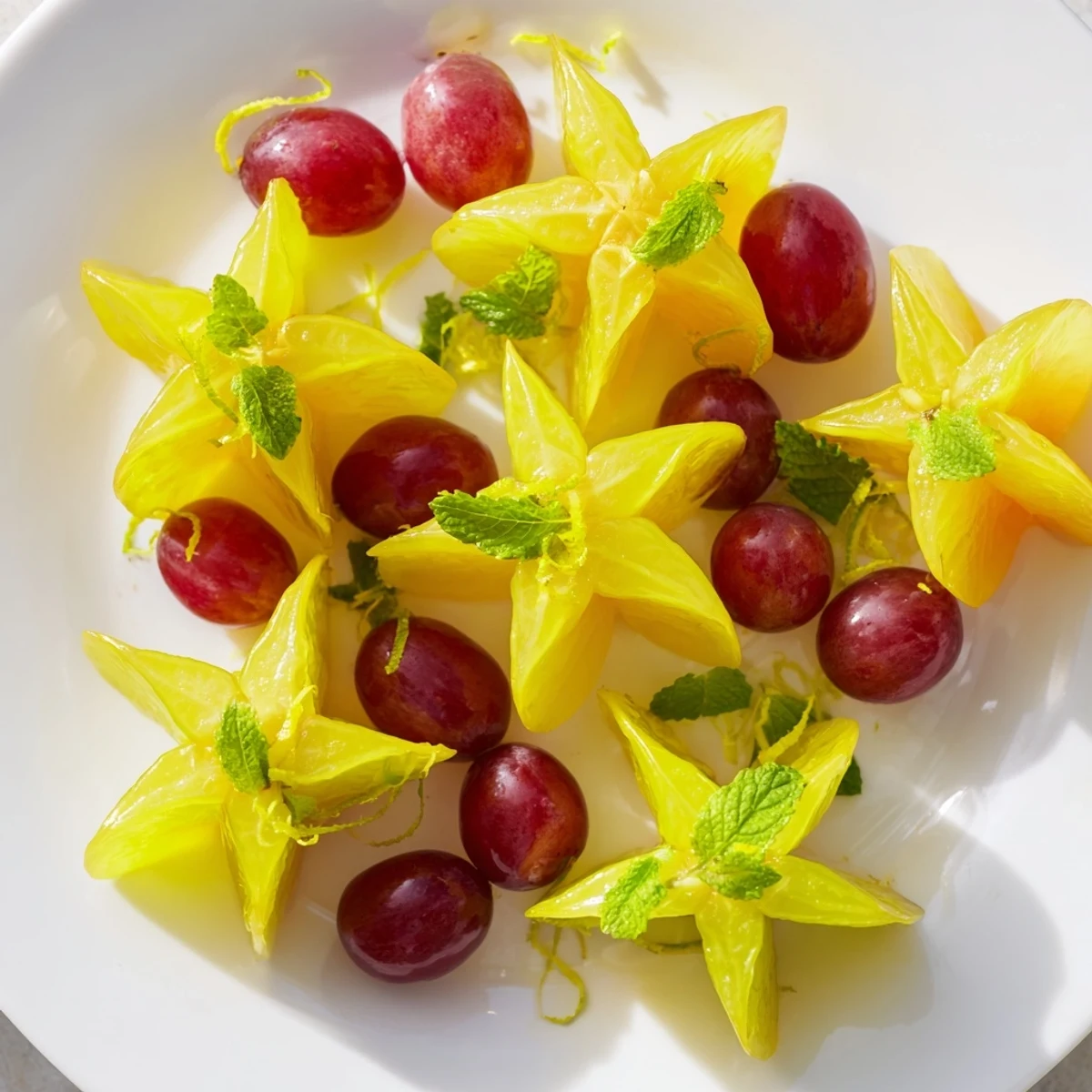 Enjoy a colorful plate of starfruit and grapes, a naturally sweet and light brunch fruit side.