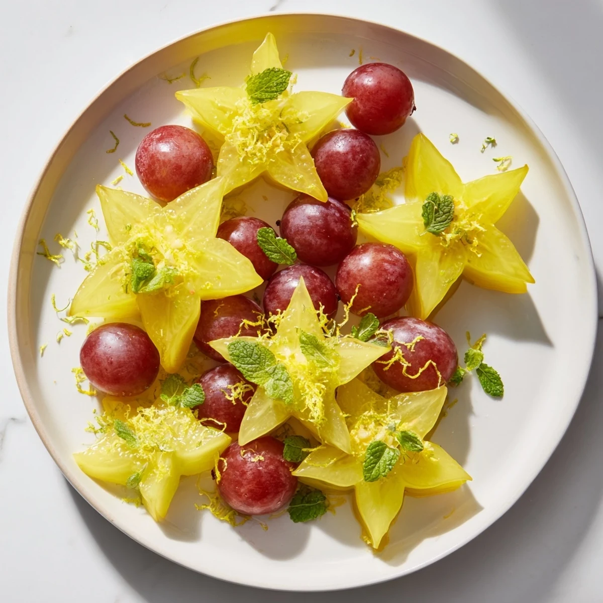 Vibrant brunch fruit featuring starfruit slices and grapes, a refreshing garnish for your meal.