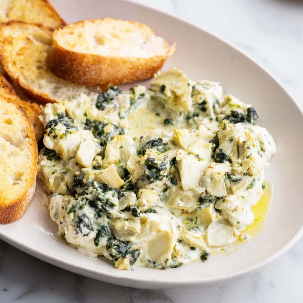 Warm, bubbly Spinach Artichoke Dip served with golden toasted baguette slices, perfect for sharing.