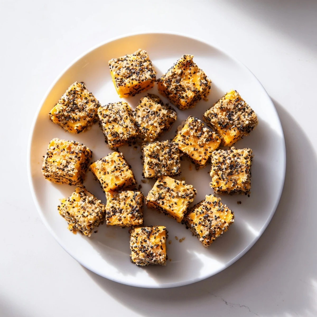 Everything bagel seasoning cheese cubes: perfectly seasoned, savory appetizers ready within minutes for easy snacking.
