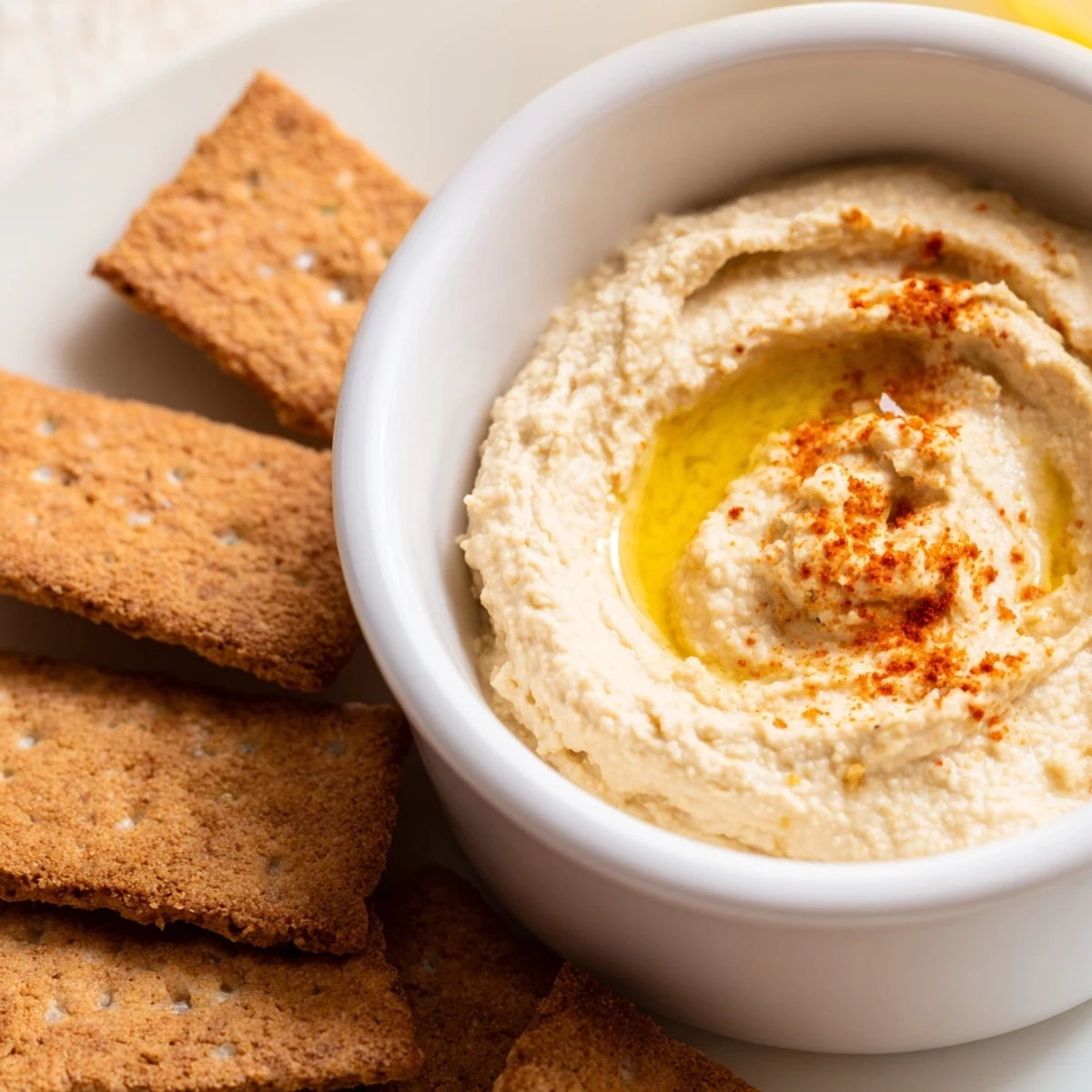 Golden-brown Holiday Crackers, sprinkled with flaky salt, ready to dip in creamy hummus.