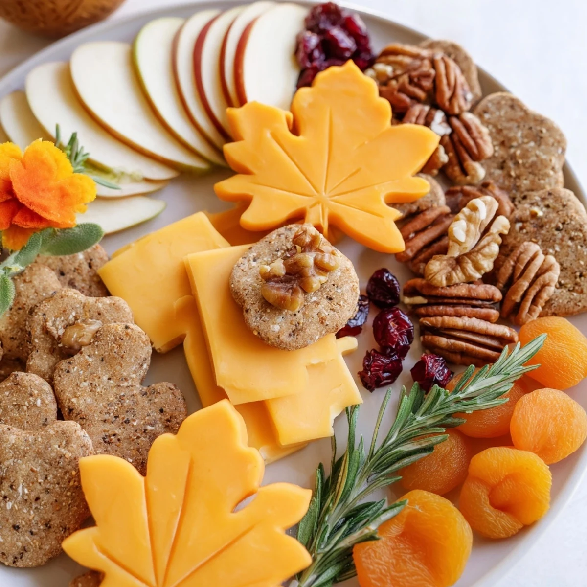 The Thanksgiving Leaf Fall provides a stunning visual, with leaf-shaped cheeses and crackers ready to enjoy.