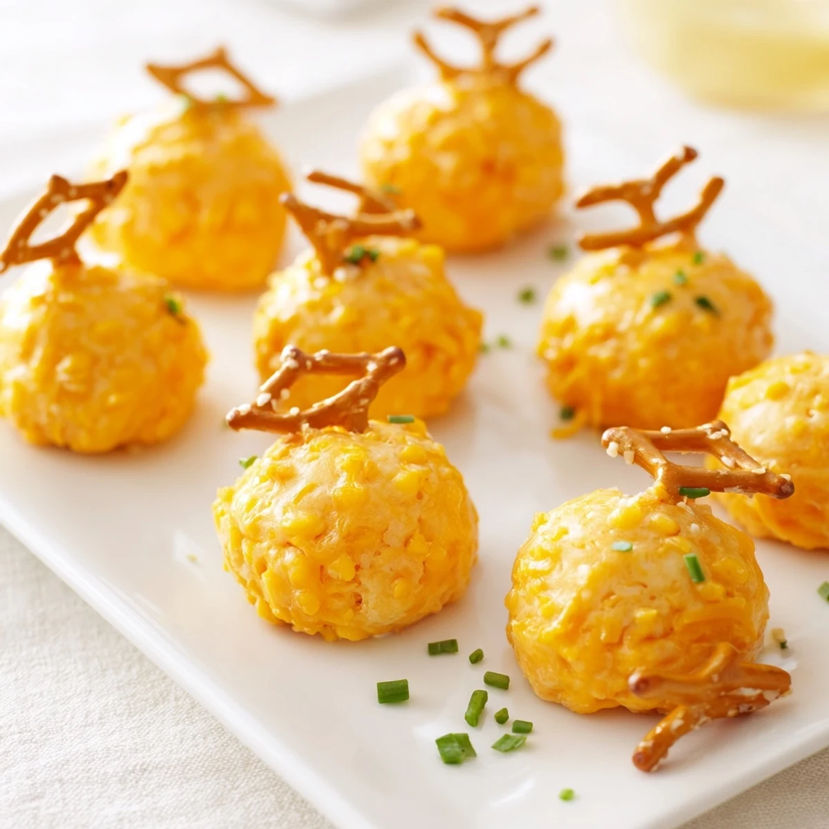 Delicious, bite-sized Pumpkin Patch Grid snack: cheese balls and pretzel stems on a green bed.