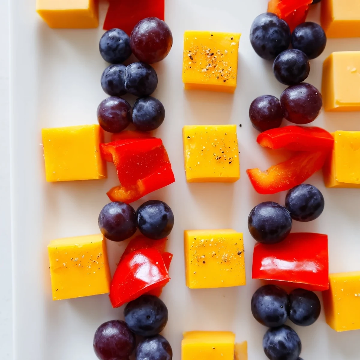 Vibrant Bauhaus Block appetizer shows red pepper, yellow cheese, and blue grapes in a striking design.