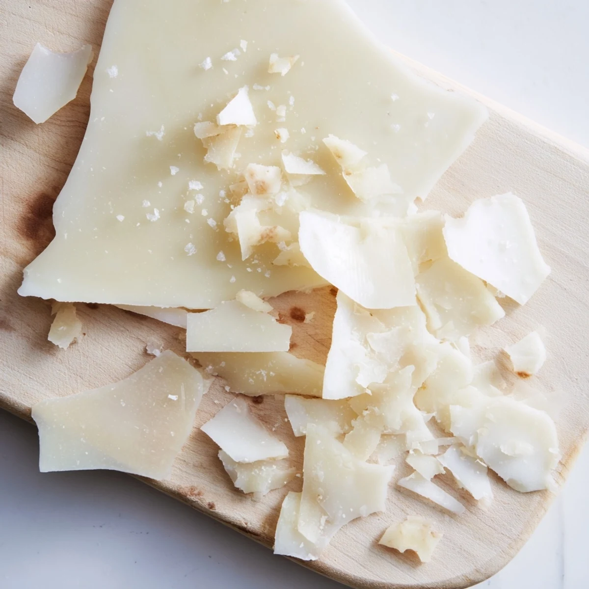 White chocolate "Arctic Tundra" dessert with salty parmesan shards on a wooden board ready to serve.