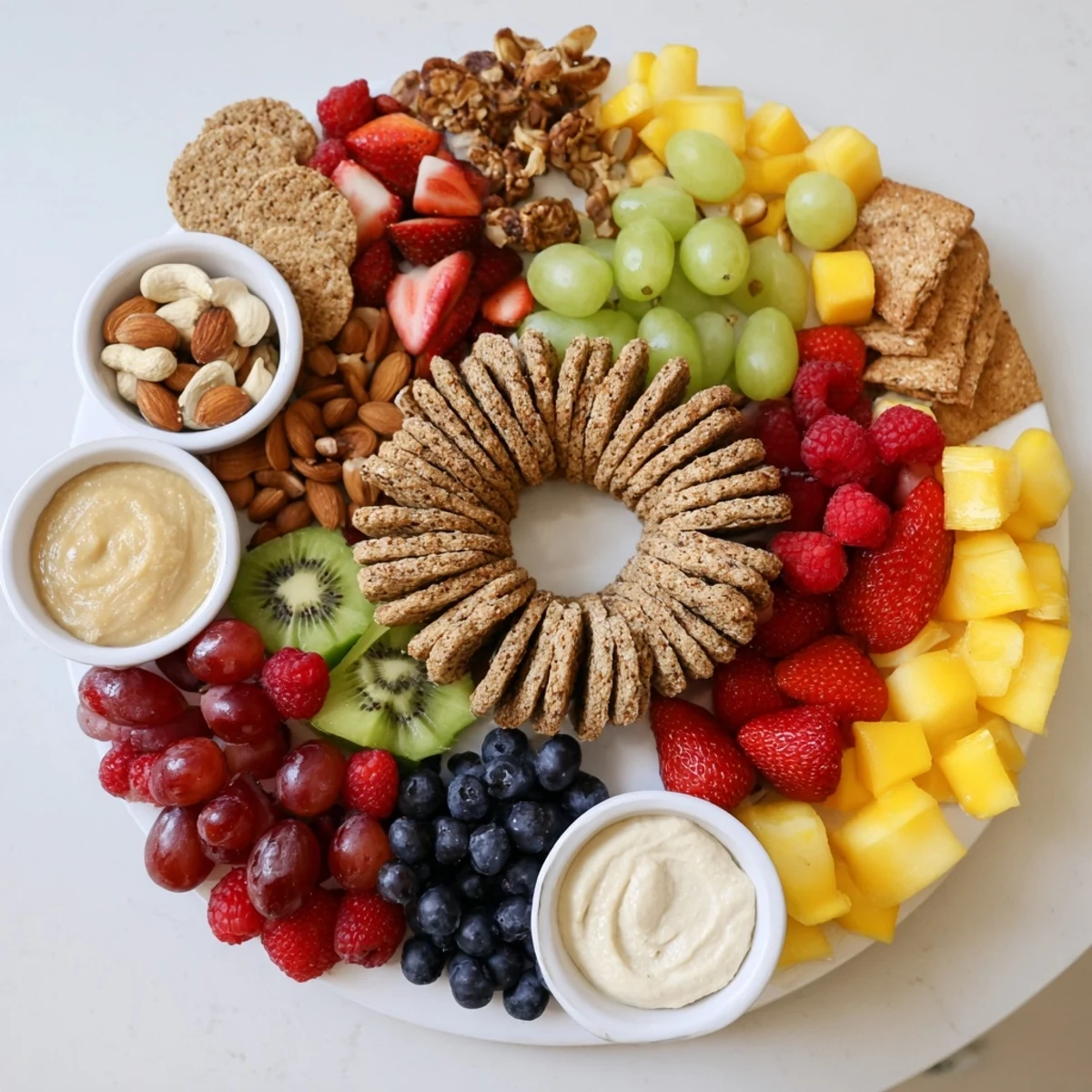 A vibrant Hidden Oasis appetizer platter filled with colorful fruit and creamy dips ready to enjoy.