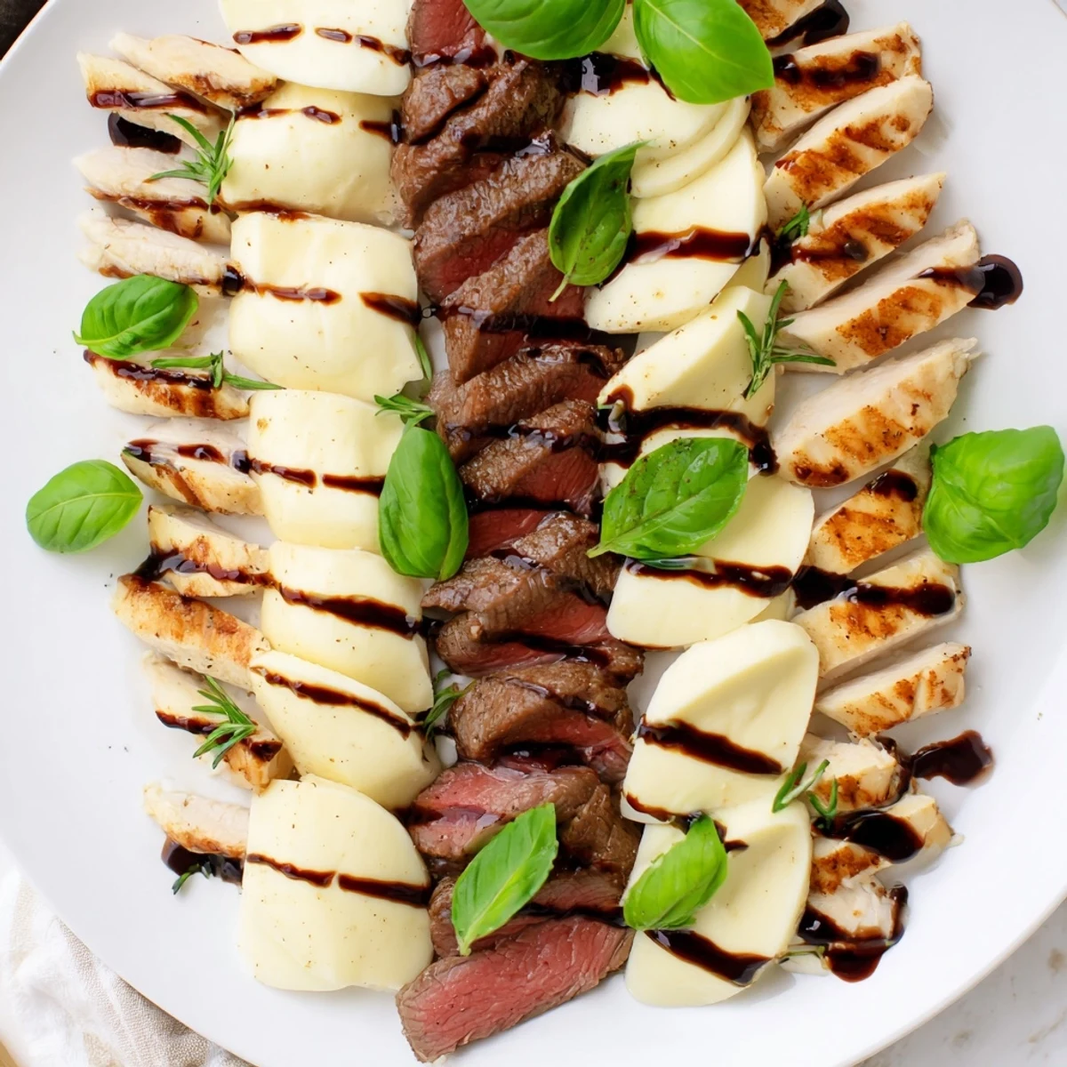 Delicious Safari Stripes appetizer, showcasing alternating rows of meat and creamy cheese with balsamic glaze.