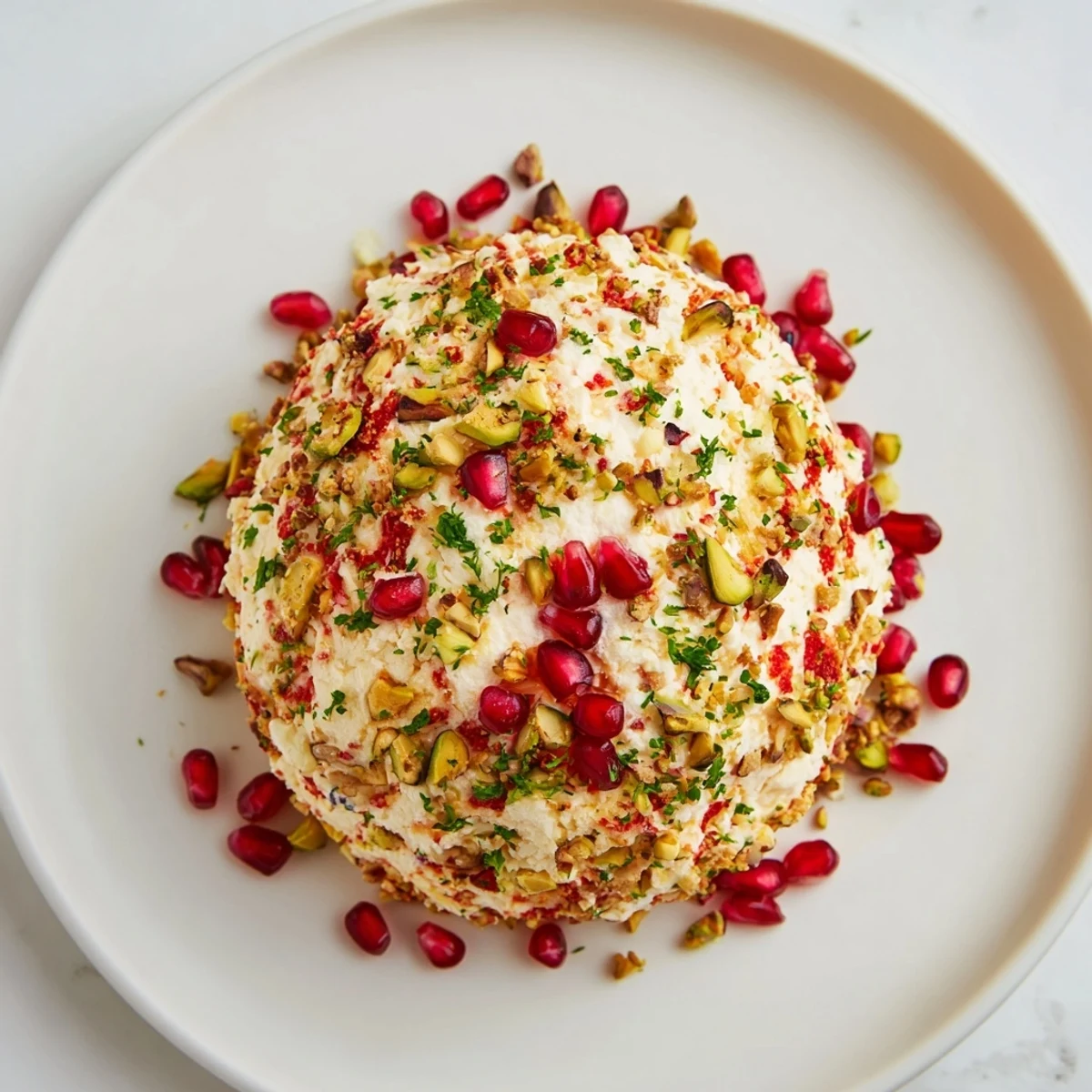 A close-up of The Royal Orb: a festive cheese ball gleaming with pomegranate jewels, perfect appetizer.