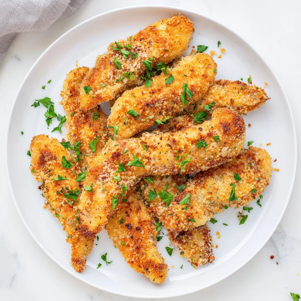 Golden-brown garlic Parmesan chicken tenders offer a savory, crispy texture perfect for dinner.