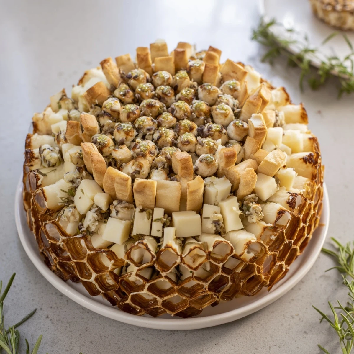 Warm, golden The Gilded Cage appetizer, a stunning breadstick dome filled with cheeses and grapes.