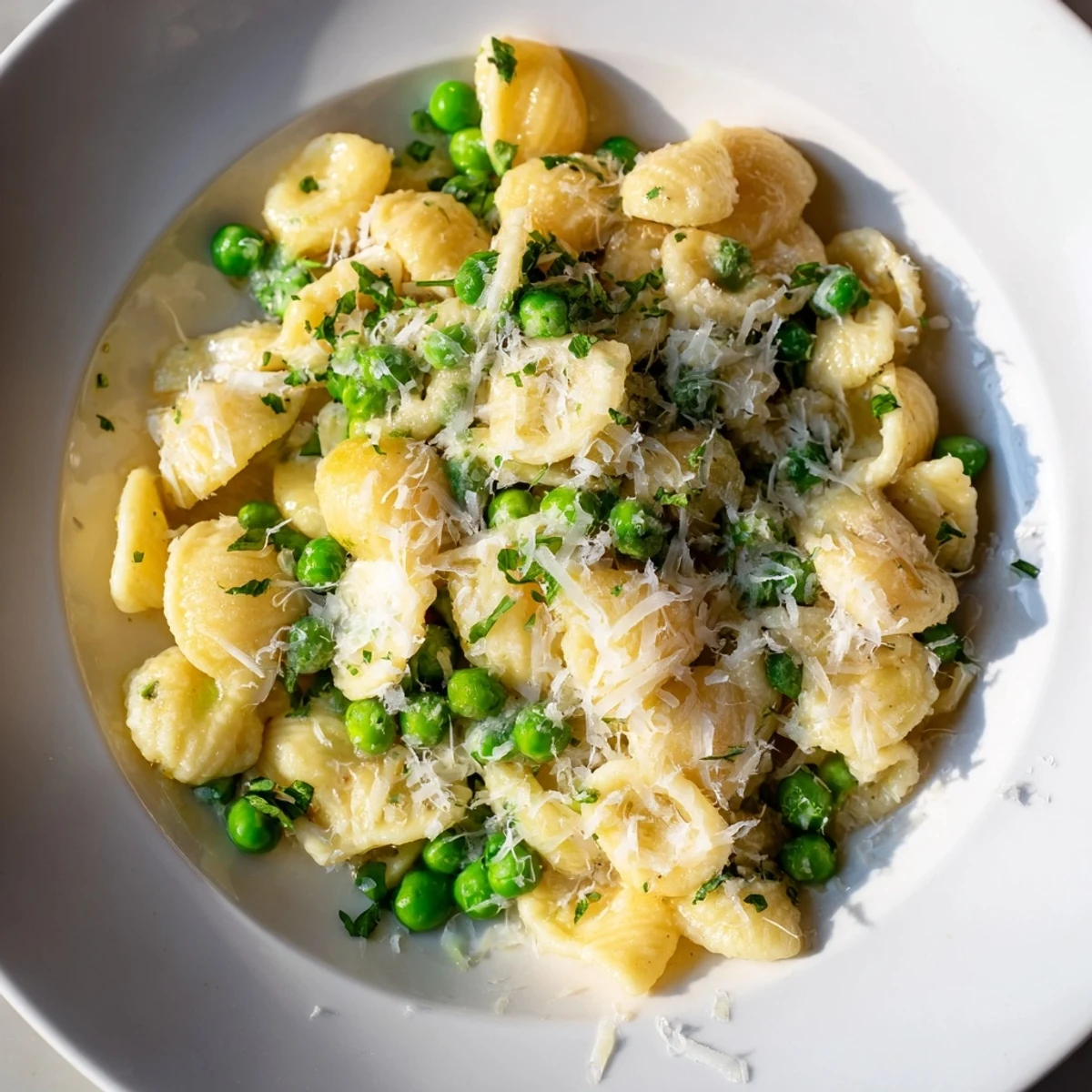 Steaming bowl of Garlic Butter Ditalini with Peas, a simple pasta dish with vibrant green peas.