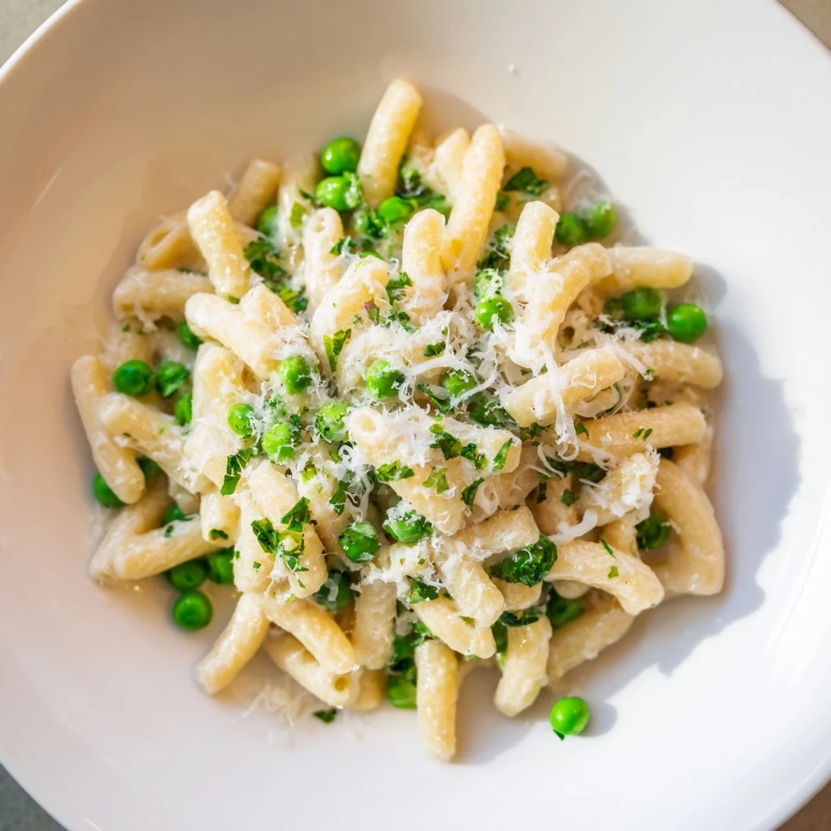 Close-up of golden Garlic Butter Ditalini with Peas, showing perfectly cooked ditalini and fresh herbs.