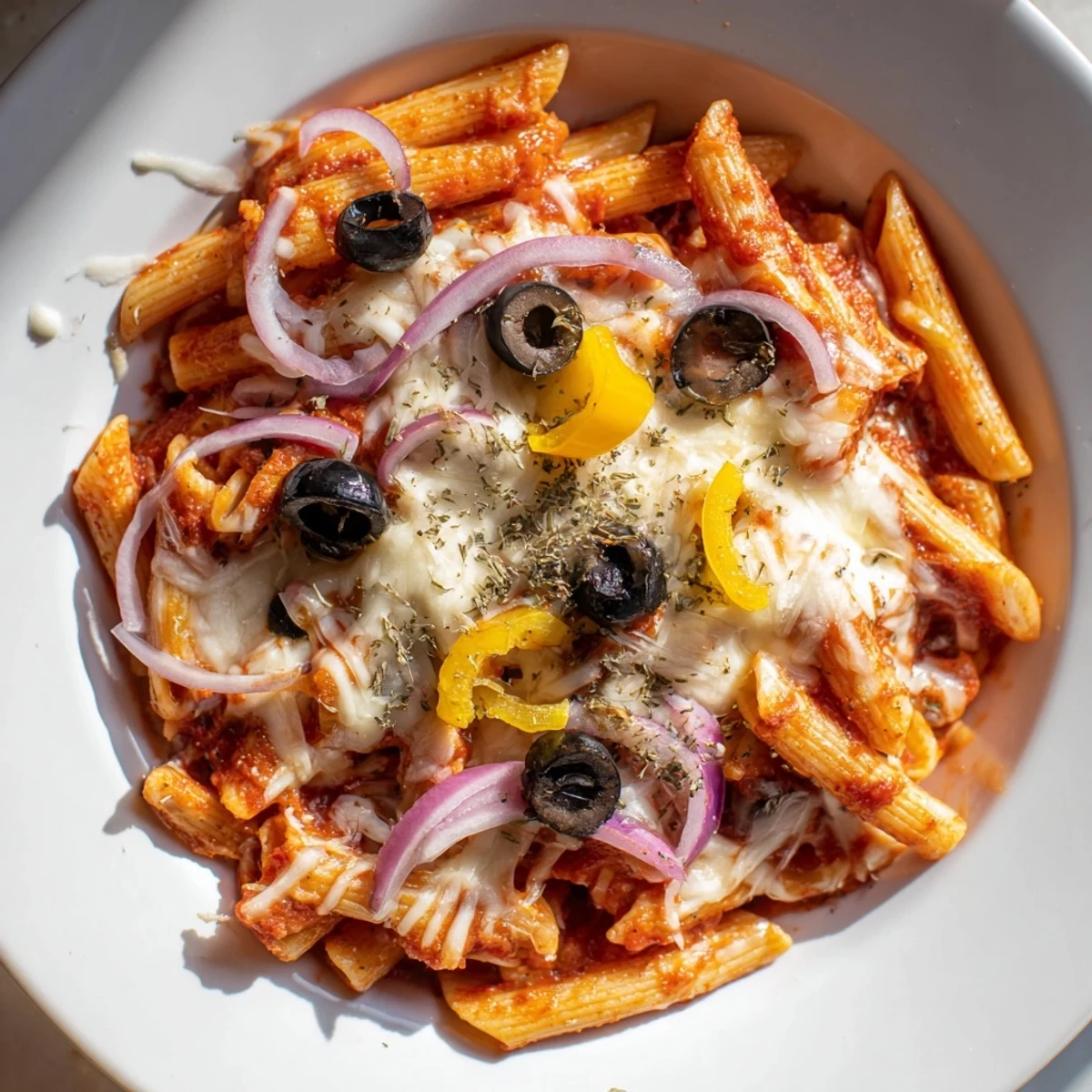 Steaming one-pot pizza pasta express, bubbling with melted cheese and vibrant vegetable toppings.