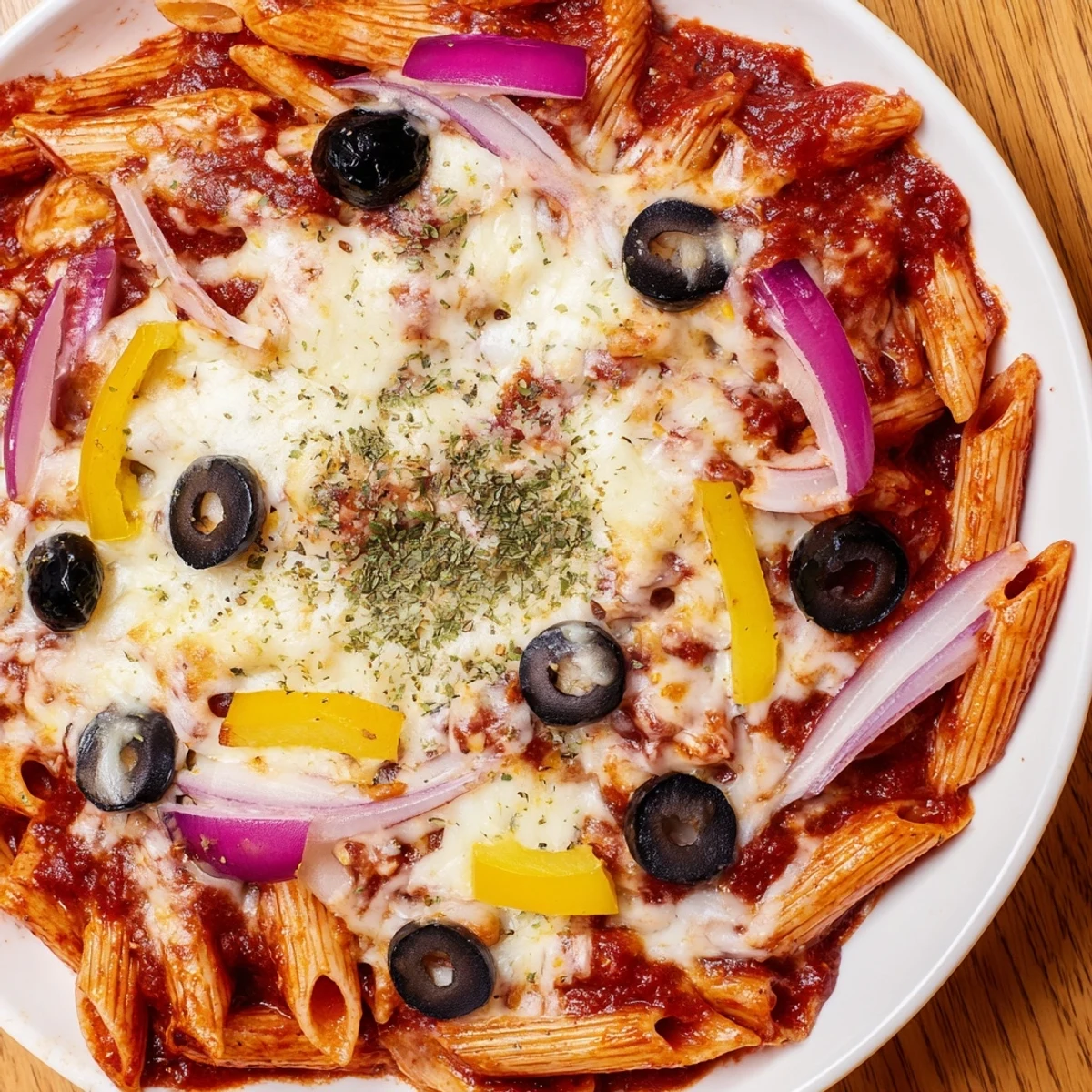 A close-up of delicious one-pot pizza pasta express, showcasing gooey cheese and colorful vegetables.