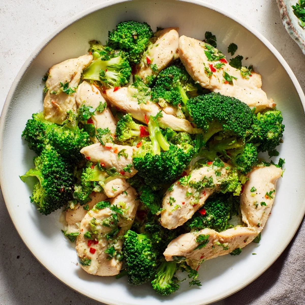 Close-up of fluffy Microwave-Steamed Chicken and Broccoli: juicy chicken and bright broccoli, ready to eat.