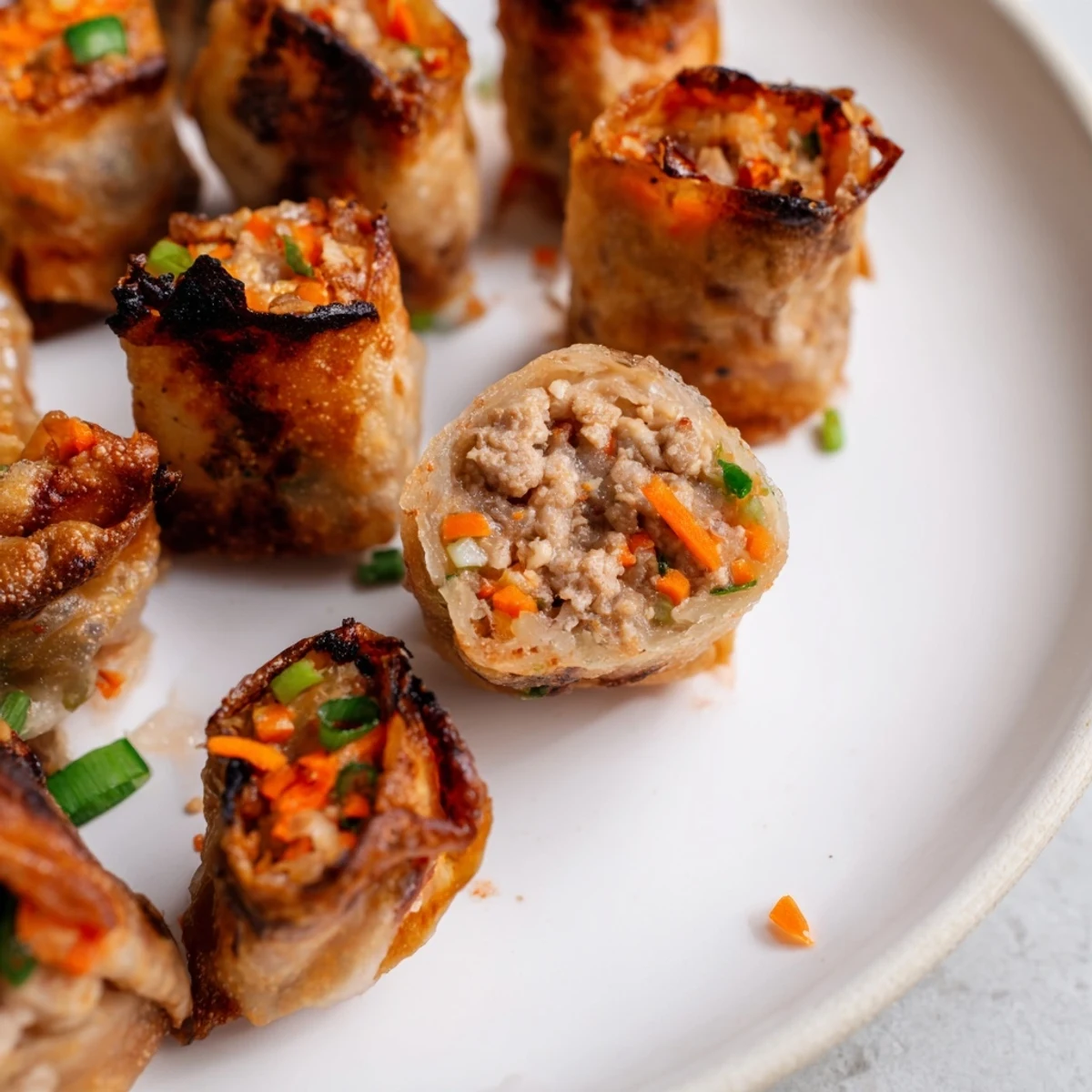 Golden, crispy Air Fryer Chicken Lumpia Bites, a Filipino-inspired snack ready for dipping.