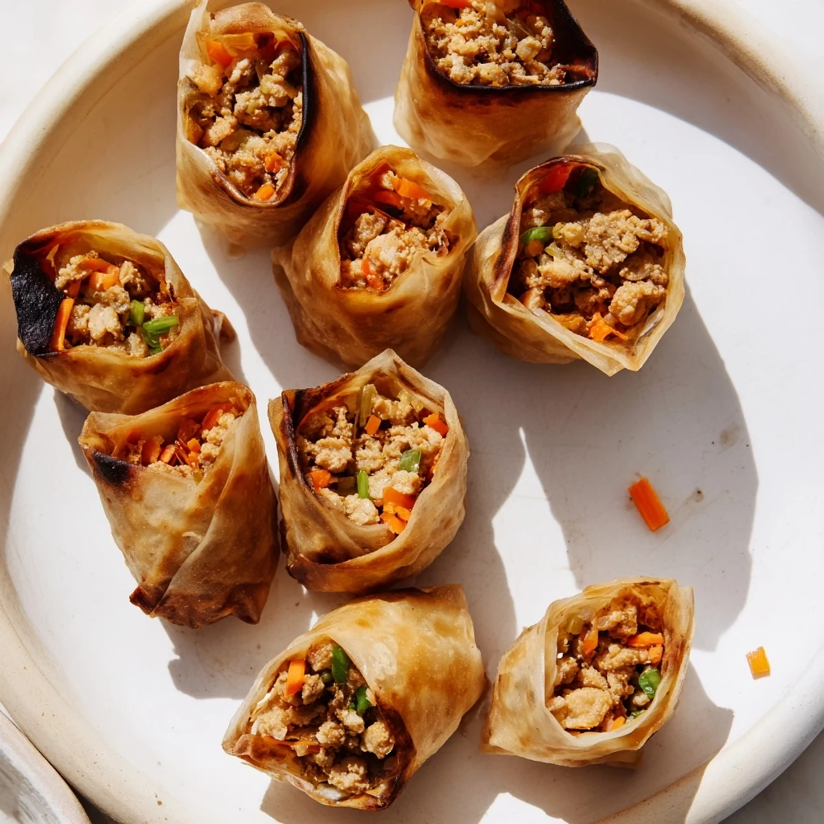 Bite into these delicious Air Fryer Chicken Lumpia Bites, served hot and ready to enjoy with a savory dipping sauce.