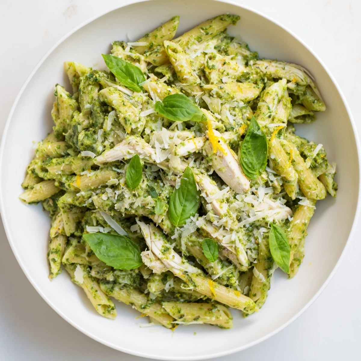 Steaming bowl of 10-Minute Pesto Pasta with Chicken, garnished with fresh basil and Parmesan cheese.