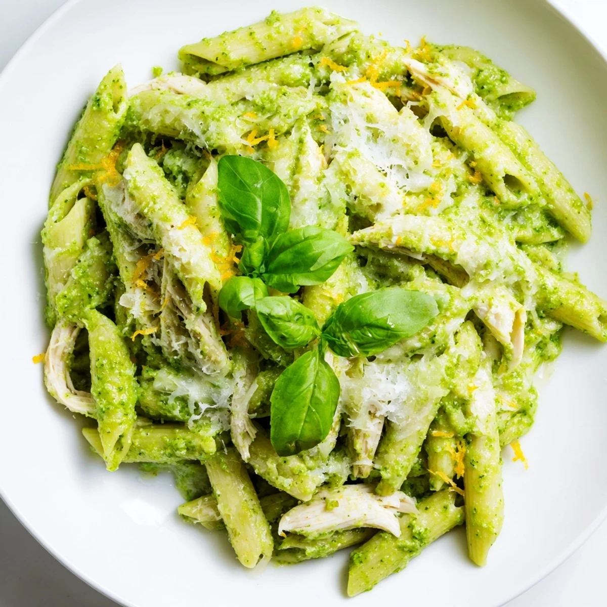 A quick and easy 10-Minute Pesto Pasta with Chicken, showcasing vibrant pesto coated pasta and tender chicken.
