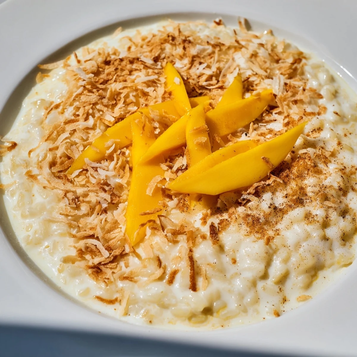 Golden toasted coconut flakes topping a bowl of creamy Toasted Coconut Rice Pudding.