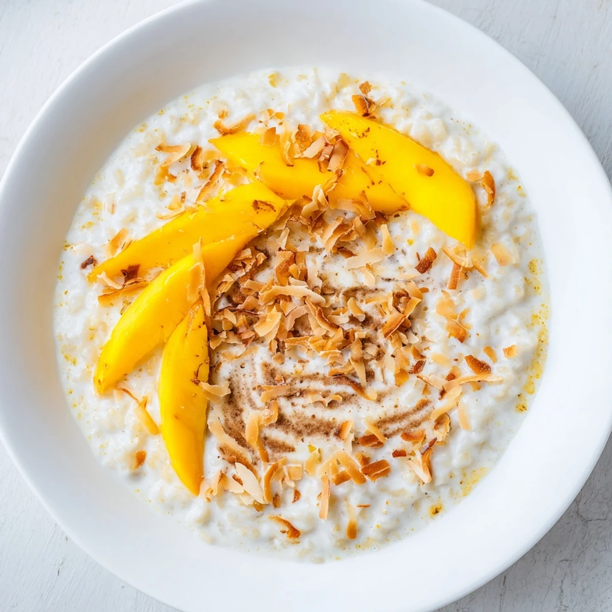 Close-up of fluffy, creamy Toasted Coconut Rice Pudding, perfect for a cozy dessert or breakfast.