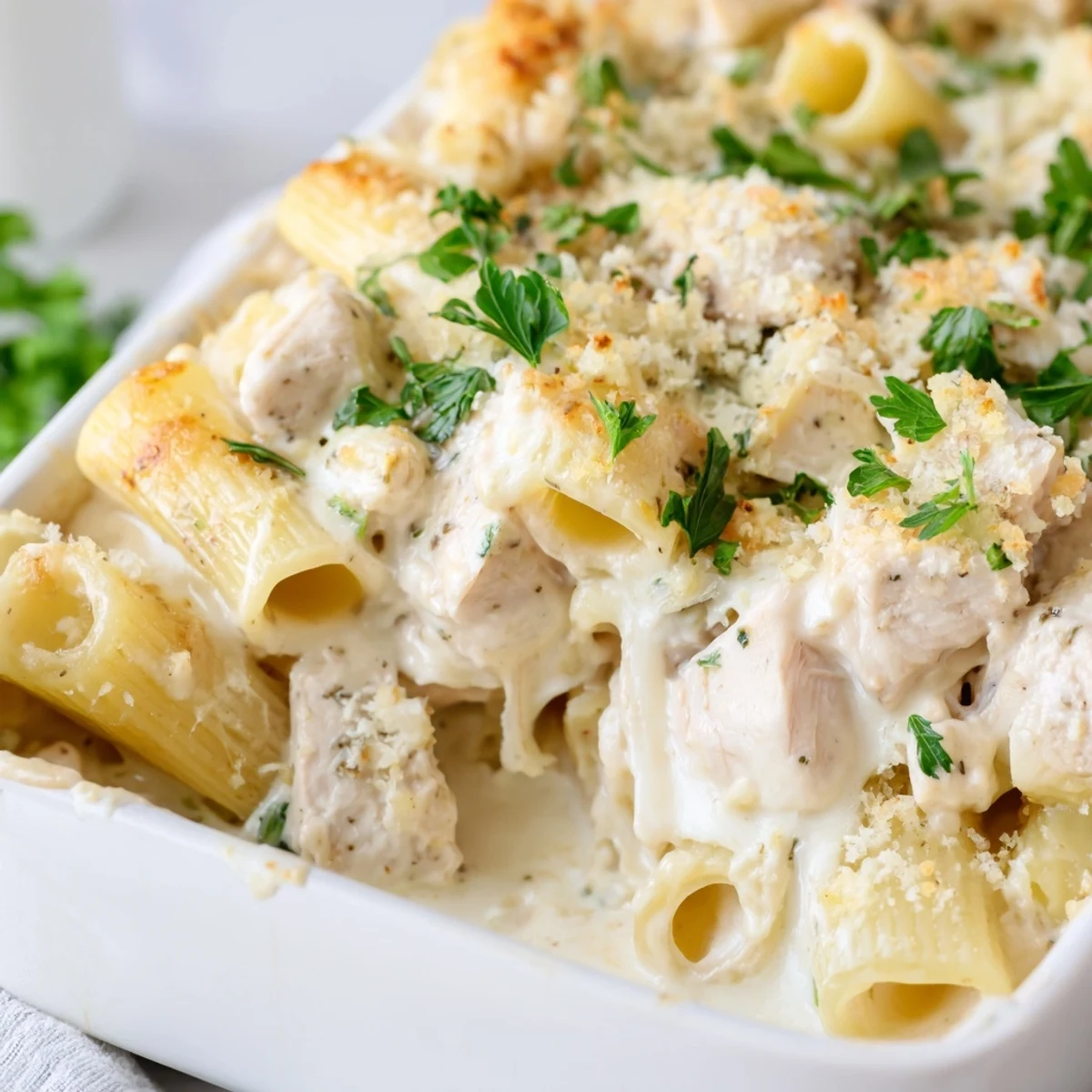 Enjoy a steaming plate of comforting Chicken Alfredo Bake, perfect for a family dinner.