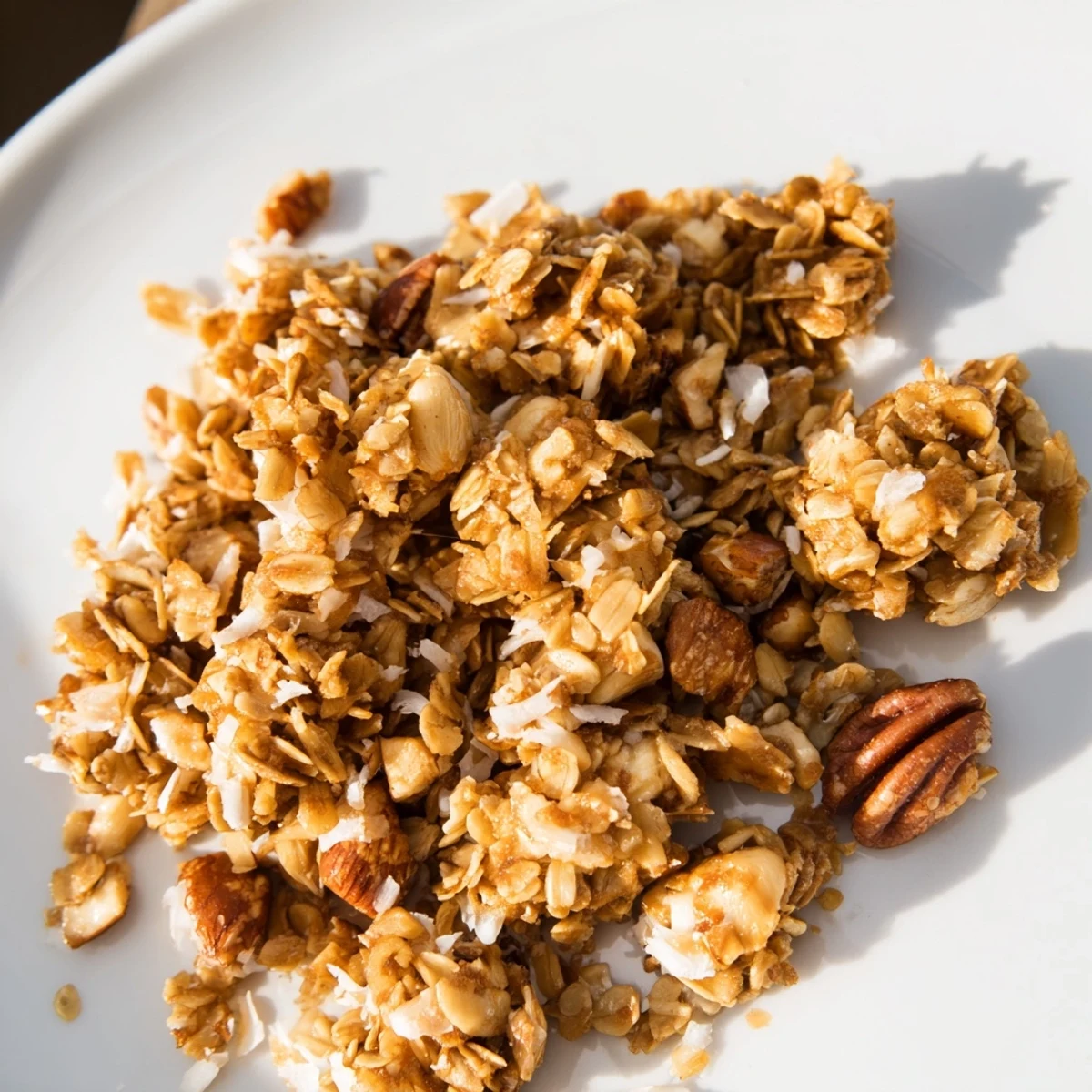 Golden-brown Honey Nut Granola Clusters, baked to a crispy, delightful texture, ready to eat.