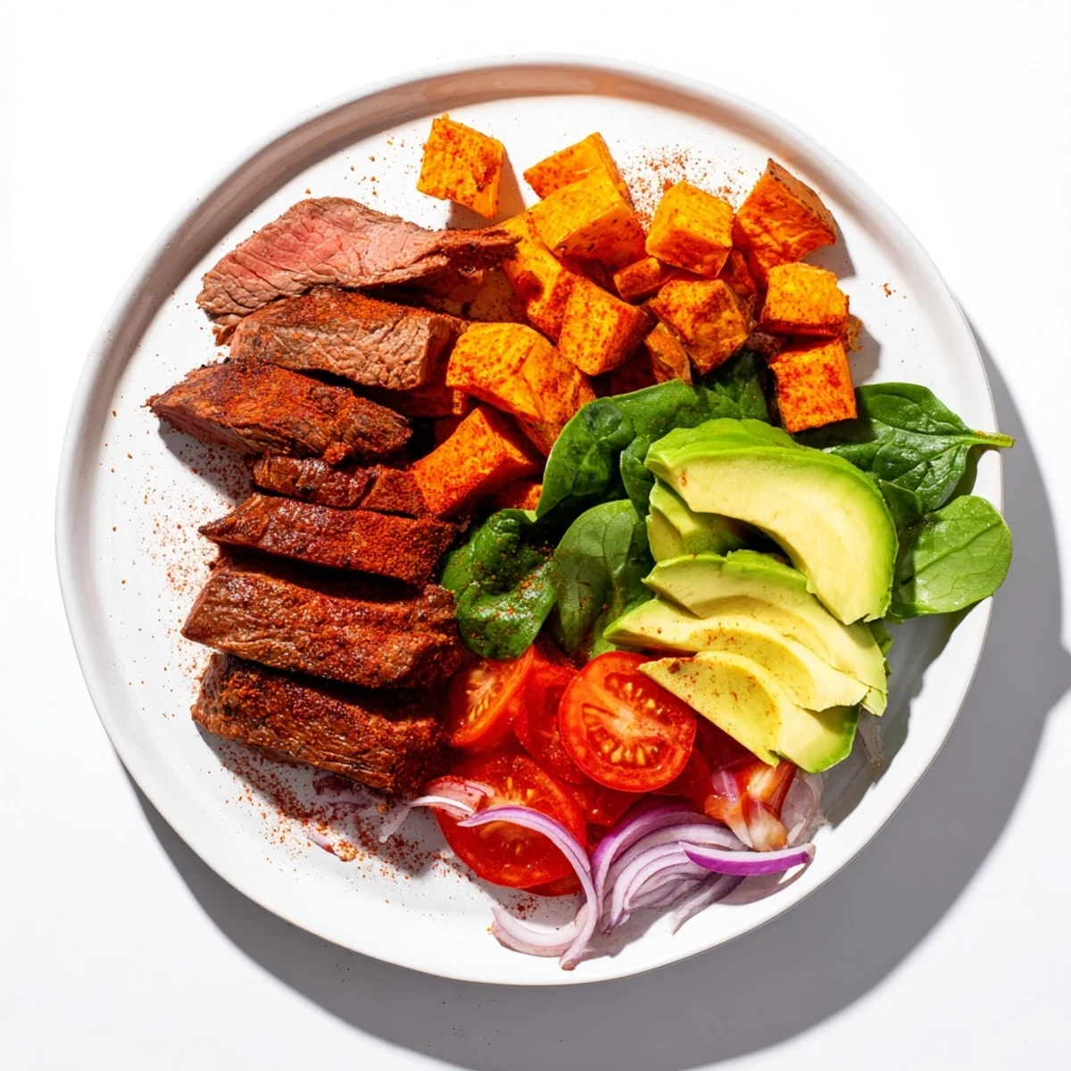 Beef Avocado Sweet Potato Bowl with tender beef, creamy avocado, and roasted sweet potatoes arranged beautifully.