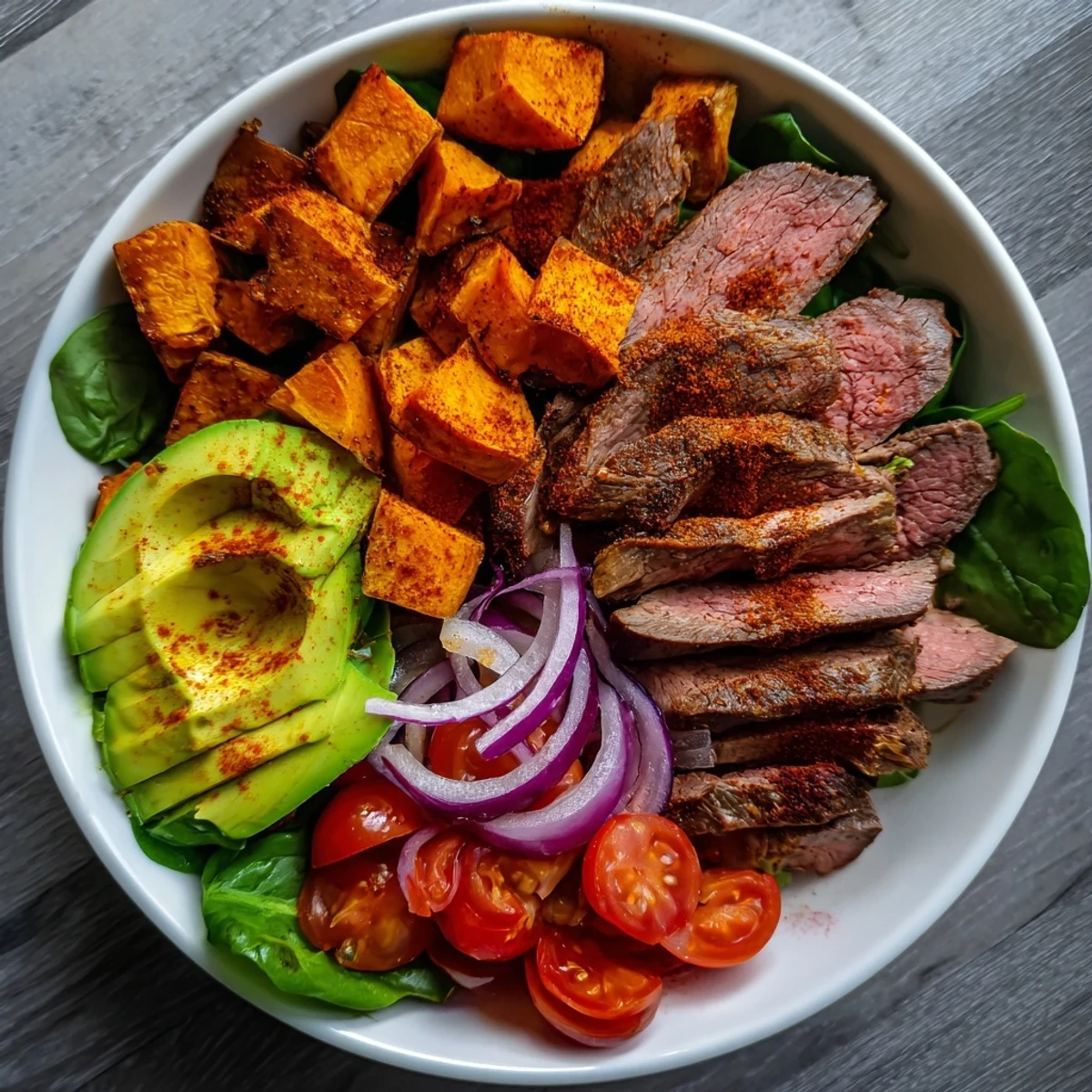 Imagine a flavorful Beef Avocado Sweet Potato Bowl: savory beef, sweet potatoes, and fresh avocado in each bite.