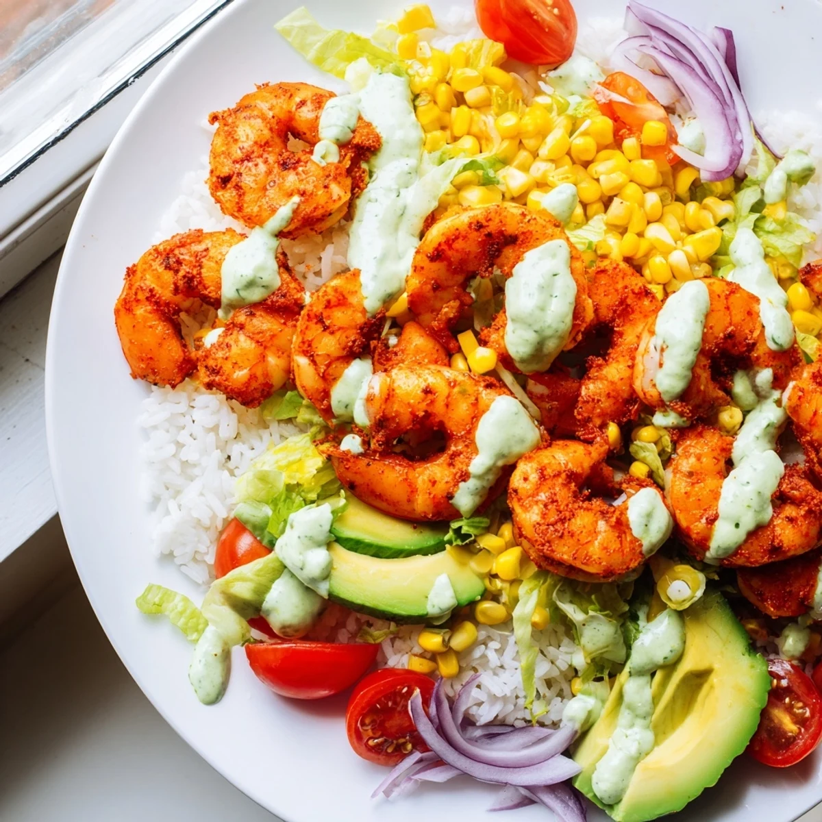 Spicy Cajun shrimp taco bowls piled high with colorful vegetables and a creamy lime sauce.