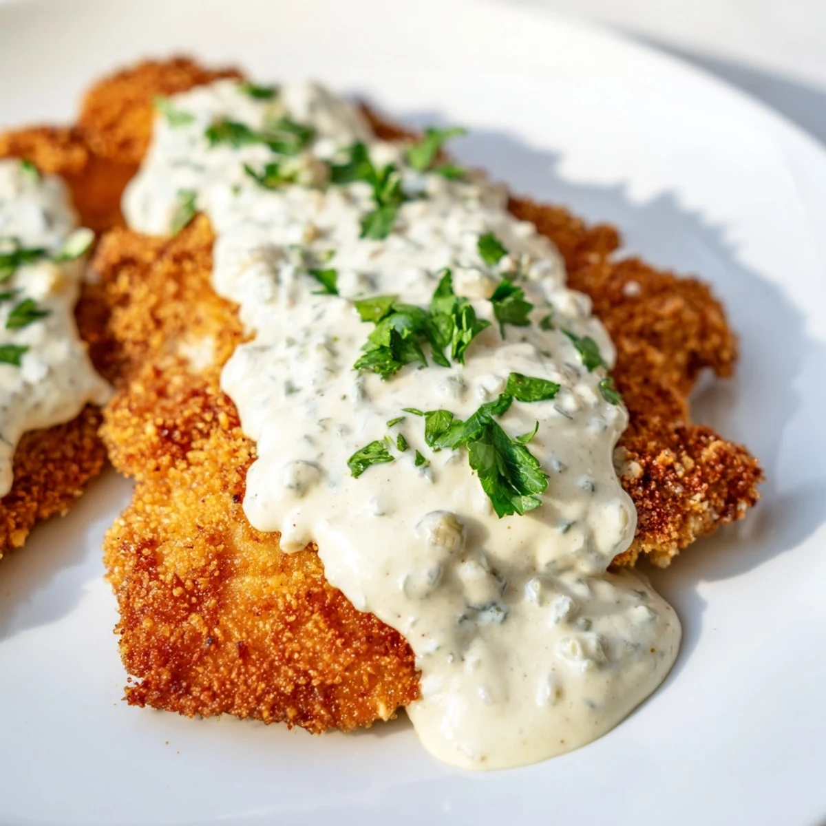 Golden-brown slices of crispy chicken with garlic cream sauce, ready for a comforting meal.