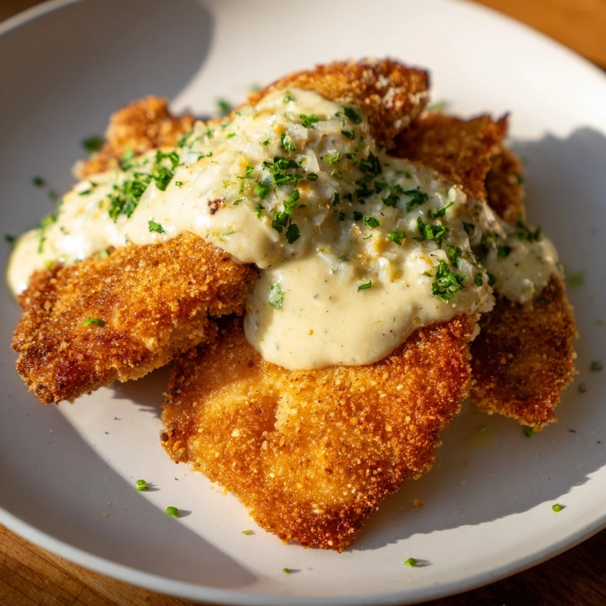 Close-up of perfectly cooked crispy chicken, swimming in rich, creamy garlic sauce.